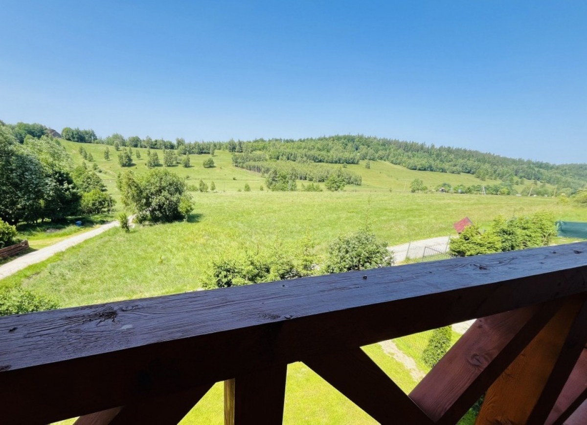 Widok z tarasu domku w Idzikowie na zielone łąki i pasmo górskie Kotliny Kłodzkiej.