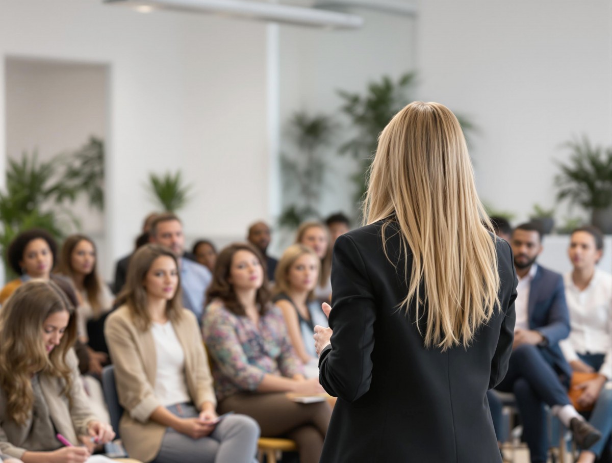 Konferencja i szkolenie w Karpatach – prelegentka prowadząca prezentację dla grupy uczestników w nowoczesnej sali konferencyjnej