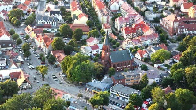 Ustka, kościół z lotu ptaka